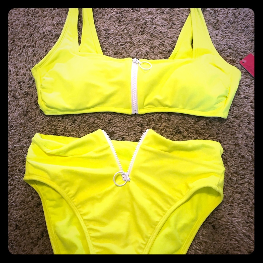 Brand new two piece bath suit neon on yellow